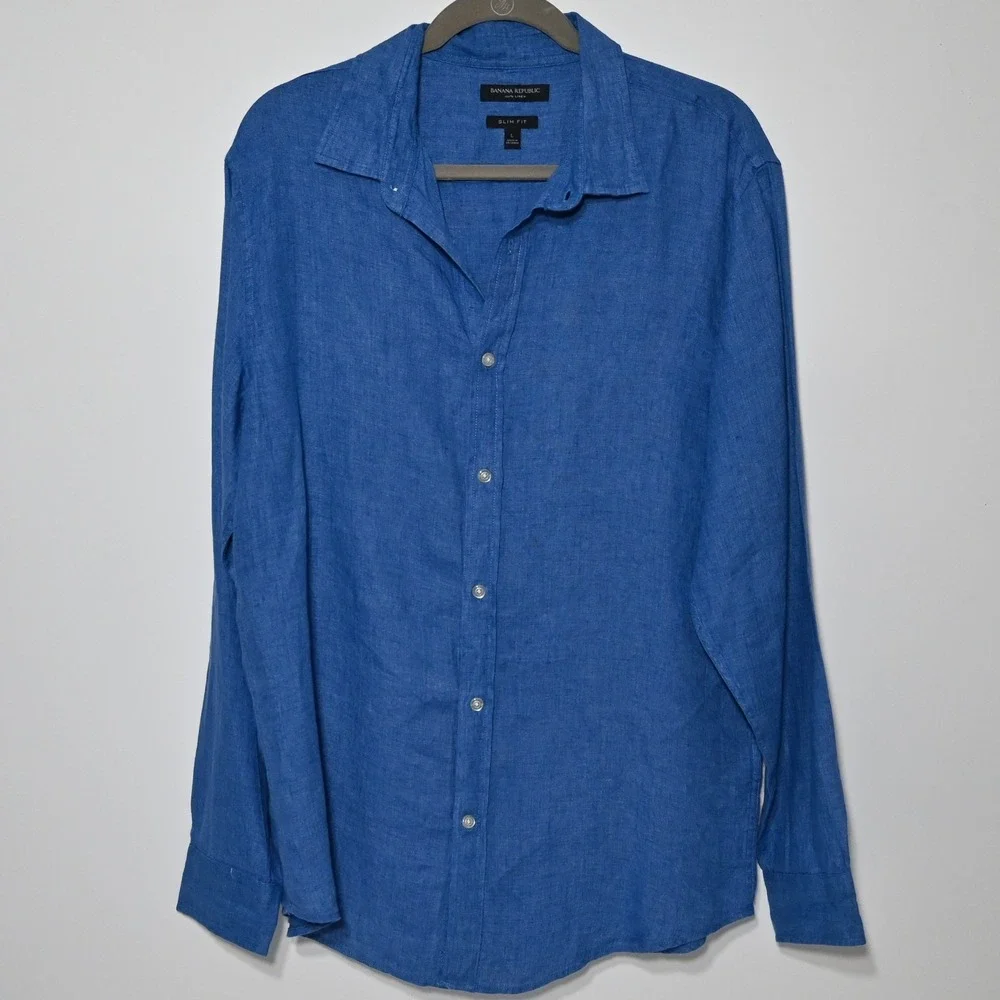 Banana Republic 100% Linen Slim Fit Button Front Shirt Men's Large Blue